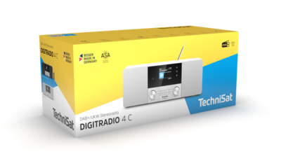 A yellow and blue box with the ASA logo on it containing a Technicsat DAB+ radio receiver 