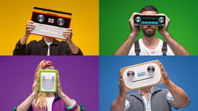 Swiss DAB+ marketing - four people hold different digital radios in front of their faces