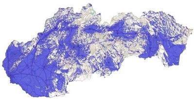 A map of Slovakia showing areas with DAB+ coverage highlighted in blue.